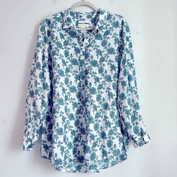 Cynthia Rowley 100% linen floral print long sleeve 1/4 button down pullover top - Picture 1 of 7